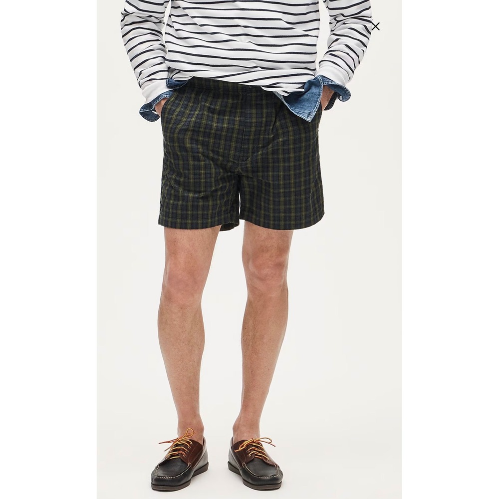 J.Crew 5.5" Pier Shorts Mens Large Green Plaid Classic Fit Elastic Waist Cotton